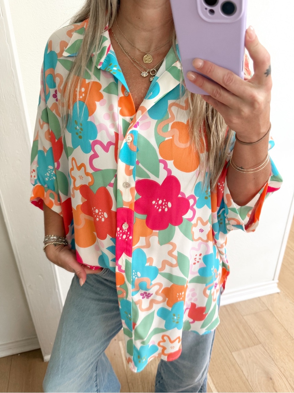 Staccato Vibrant Floral Button-Down Top in Pink, Orange, Turquoise, Green